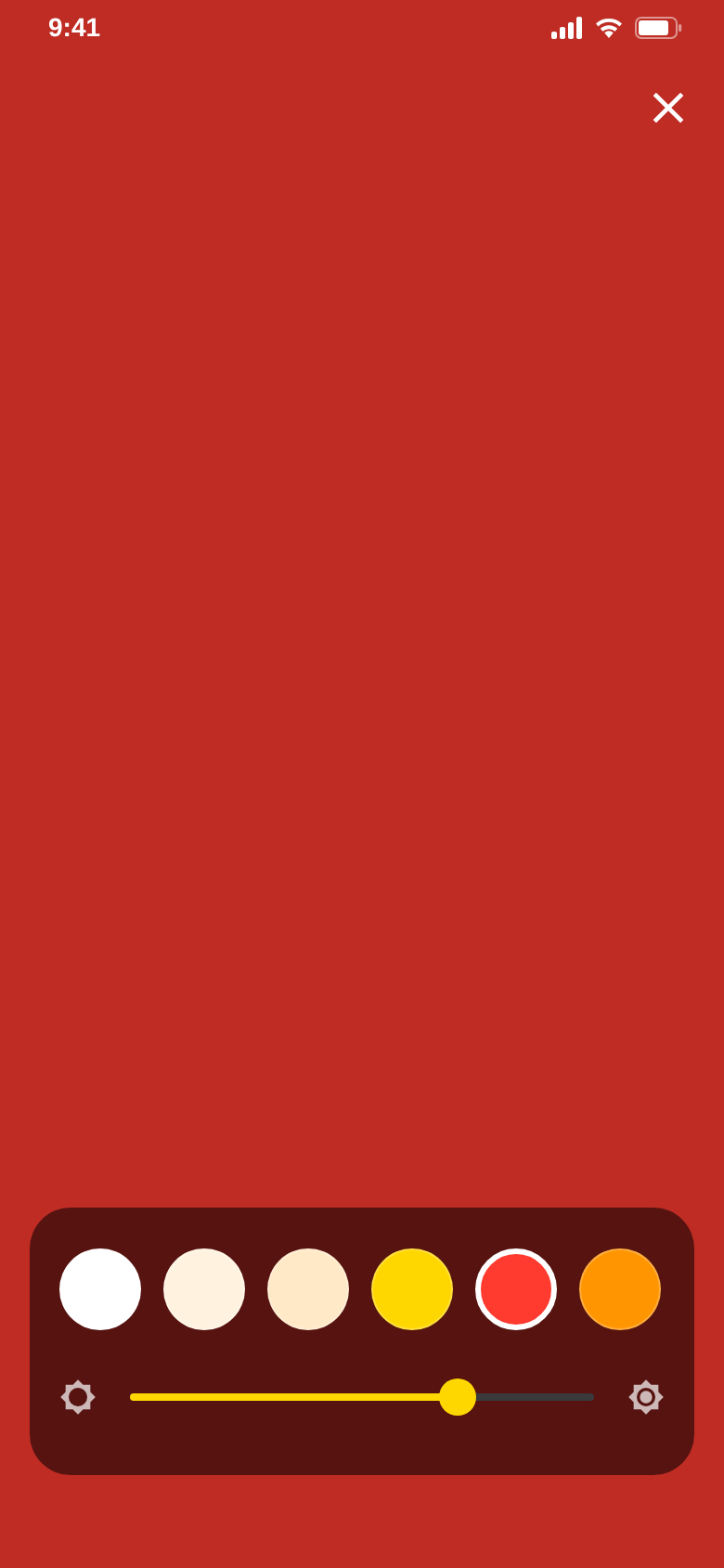 Full-screen color light in red with color palette and brightness slider