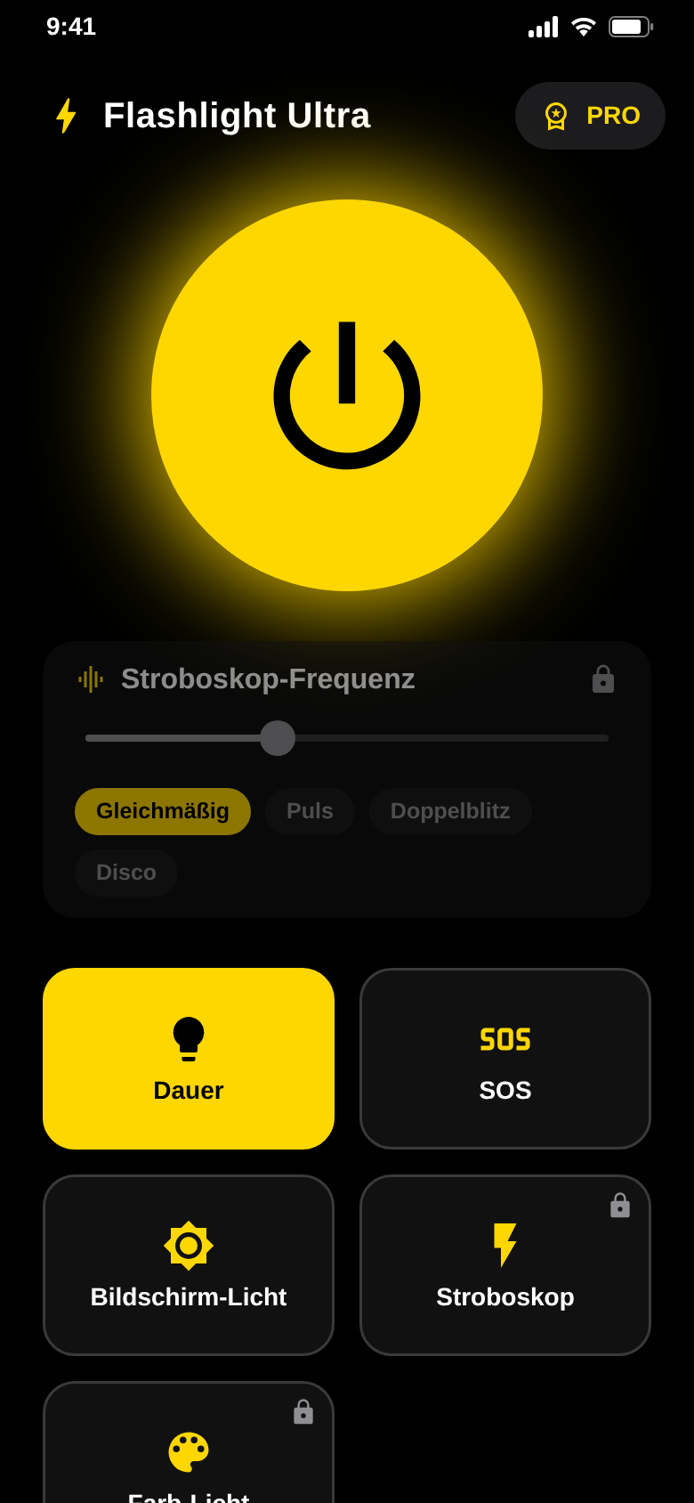 Home screen with the torch switched on: glowing gold power button, strobe settings and five mode tiles