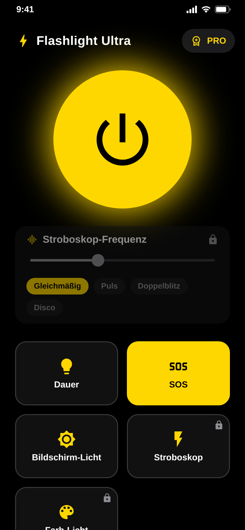 SOS mode selected, the power button glows gold