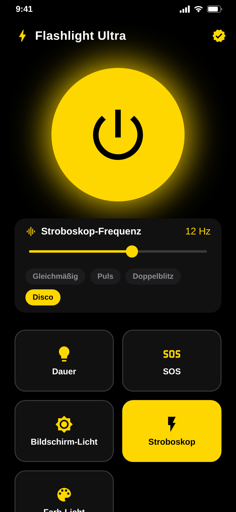 Strobe mode at 12 Hz with the disco pattern selected